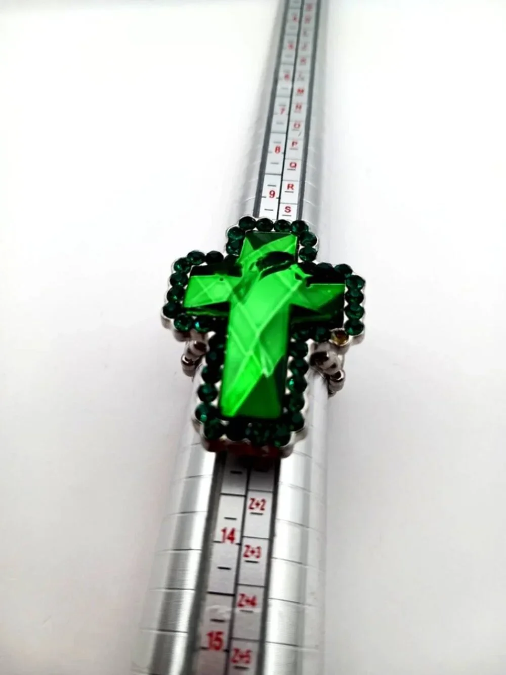 Large Green Glass Cross Ring Adjustable Silver Tone